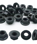 Twenty Piece Pack Of M10 X 1.25mm Metric Hex Serrated Flange Lock Nuts Built Rock Solid Out Of Heavy Duty Carbon Steel With A Clean Black Coat For Mechanics And Serious Garage Projects. Black coated serrated flange lock nuts with hex shape.