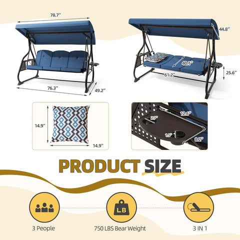 Diagram showing three seat outdoor porch swing with adjustable canopy and backrest, cushion, and cup holder details.