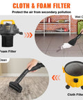 Beast Power 2.5 Peak HP Wet Dry Shop Vacuum with Cloth & Foam Filter, showing wet and dry cleaning, black and yellow design.