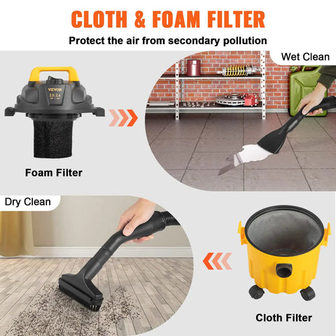 Beast Power 2.5 Peak HP Wet Dry Shop Vacuum with Cloth & Foam Filter, showing wet and dry cleaning, black and yellow design.