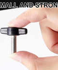 16 Piece Set Of 1/4 20 X 3/4 Inch Round Knob Bolts Made From Top Grade Stainless Steel Thumb Screws held in hand, showcasing size and design.