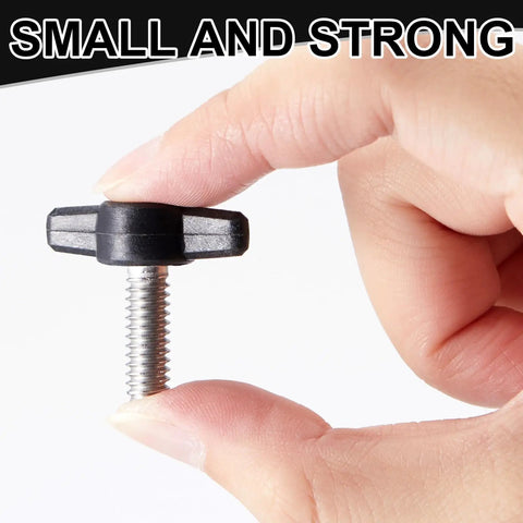 16 Piece Set Of 1/4 20 X 3/4 Inch Round Knob Bolts Made From Top Grade Stainless Steel Thumb Screws held in hand, showcasing size and design.