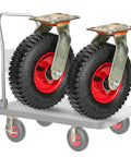 Smooth As Glass Pneumatic Furniture Caster Wheels 2 Pack Swivel Rubber Castors With Bulletproof Steel Brackets on a cart.