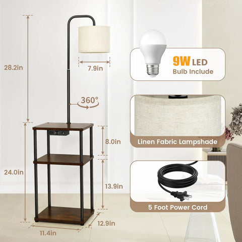 Rustic End Table Lamp With USB Charging Port And Power Outlet, 3 Tier Storage Shelves, Built In Reading Light shown with measurements