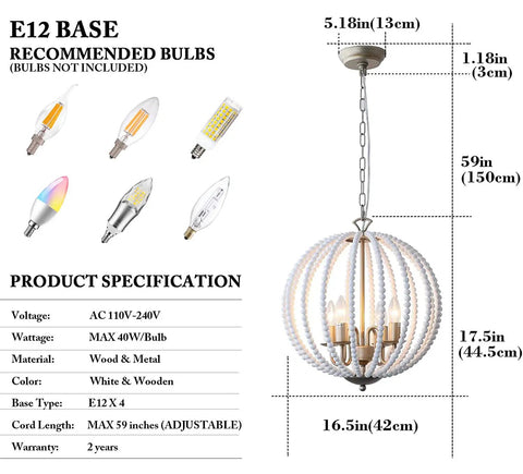 White Wood Beaded Chandelier Four Light Boho Farmhouse Pendant With E12 Base And Adjustable Chain For Dining Room Foyer Bedroom Kitchen Island Perfect For Coastal Shabby Chic Modern Rustic Vibe Decor