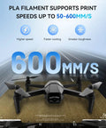 Drone on textured mat with large '600mm/s' text and PLA filament speed benefits, including higher speed, faster cooling, and toughness.