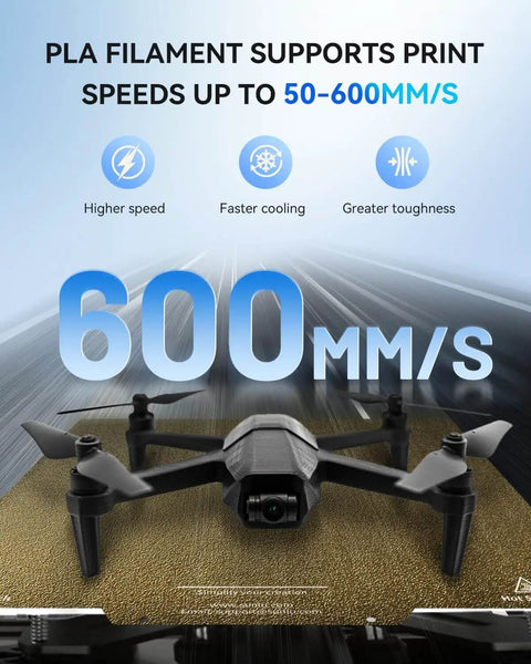 Drone on textured mat with large '600mm/s' text and PLA filament speed benefits, including higher speed, faster cooling, and toughness.