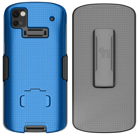Kickass Protective Kickstand Case And Ratchet Holster Combo For Zebra TC53 TC58 Mobile Computer in blue and gray.