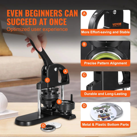Front view: VEVOR button maker press, black 3-in-1 handheld punch for 1/1.25/2.28 in buttons with parts kit