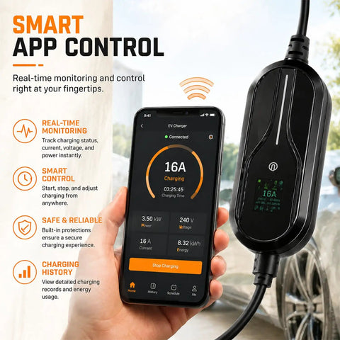 Plug And Play Road Ready Portable Level 2 EV Charger 3.5 Kw 16 Amp Nema 6-20P 240 Volt With 26 Ft J1772 Cable Smart App Control showing phone app control.