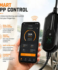 Portable 3.5kW Level 2 EV Charger with smartphone app showing real-time monitoring and control for fast charging.