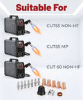 Get A Crazy Good Deal On This 23Pcs Plasma Cutter Torch Consumables Kit With Swirl Ring And Retaining Cup Perfect For Cut55 And Mpcut60 Non-Hf Machines Featuring 1Point1mm Nozzles And Replacement Electrodes, showcasing machines and parts.