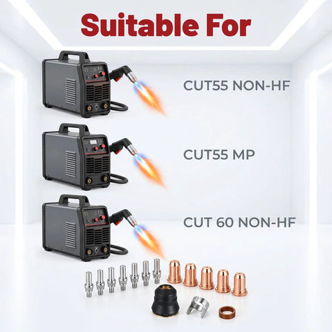 Get A Crazy Good Deal On This 23Pcs Plasma Cutter Torch Consumables Kit With Swirl Ring And Retaining Cup Perfect For Cut55 And Mpcut60 Non-Hf Machines Featuring 1Point1mm Nozzles And Replacement Electrodes, showcasing machines and parts.