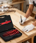 Pro Grade Fifteen Piece Aluminum Table Setup Blocks For Woodworking With 6061 T651 Aluminum For Rock Solid Height Depth And Angle Alignment And Fence Gauge Plus Laser Marked Durable Storage Case, open case
