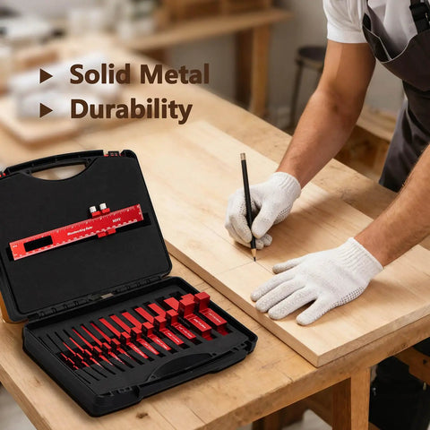 Pro Grade Fifteen Piece Aluminum Table Setup Blocks For Woodworking With 6061 T651 Aluminum For Rock Solid Height Depth And Angle Alignment And Fence Gauge Plus Laser Marked Durable Storage Case, open case