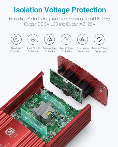 500W Pure Sine Wave Car Inverter Converts 12V DC To 110V AC With Two Outlets And 4.2A Dual USB Ports, Internal Circuit Protection