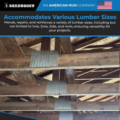 Rock Solid Four By Six Inch Steel Mending Plates For Wood Framing 19 Gauge Heavy Duty Steel Hot Dipped Galvanized Finish used for structural support in construction.