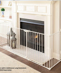 Extra Wide Walk Through Baby Gate, Customizable Safety Barrier Fits From 35.4 To 82.7 Inches, Includes Two Extendable Sections, Easy Walk Through Door, Perfect For Fireplaces, Large Openings Or Unique Stairways, White in front of fireplace