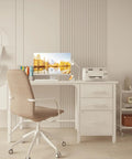 White 47 Inch Computer Desk With Fabric Filing Cabinet And Reversible Layout For Small Space Home Office Modern Writing Table