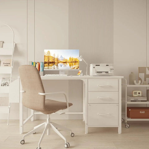 White 47 Inch Computer Desk With Fabric Filing Cabinet And Reversible Layout For Small Space Home Office Modern Writing Table