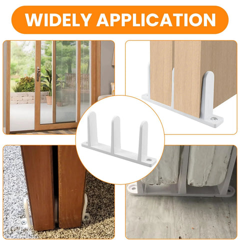 Four Pack White Sliding Closet Door Floor Guides Universal ABS Bottom Hardware For One And Three Eighths Inch Thick Cabinet Doors Track Bracket Replacement Parts With Screws For Easy Installation And Durable Performance, shown installed on various wooden doors.