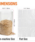 Thickened Dust Collector Bags 31x43 Inch 6 Mil Clear Plastic showing dimensions with wood shavings inside and flat bag view