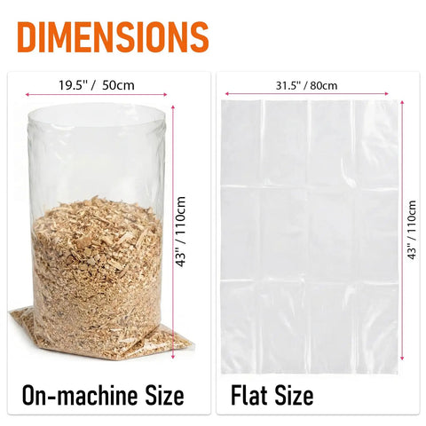 Thickened Dust Collector Bags 31x43 Inch 6 Mil Clear Plastic showing dimensions with wood shavings inside and flat bag view