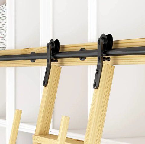 Sliding Library Ladder Hardware Kit With 23ft Track System And Floor Roller Wheels Black Steel Round Tube Hardware Installed