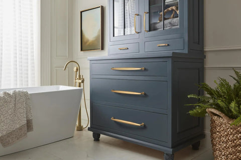 Champagne Bronze Appliance Pull For Large Paneled Cabinets, 18 Inch Center To Center Cabinet Handle, installed on dark blue drawers