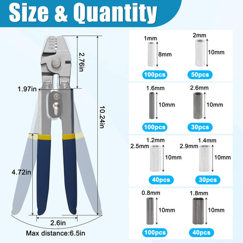 Heavy Duty Fishing Crimping Tool Kit With Stainless Steel Pliers And 590 Crimp Sleeves Beads Set In Eight Sizes For Wire Rope