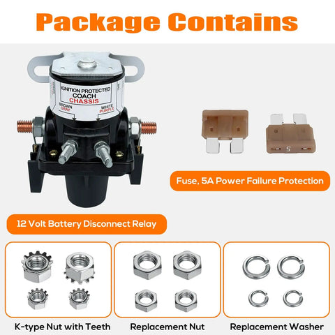 Package contents of Battery Disconnect Relay 12V 100A Magnetic Latching With Fuses for RV Marine Use including nuts and fuses
