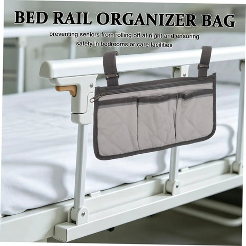 Safety Bed Rail Organizer With Four Pockets And Large Capacity Strap Bag For Nursing Care Beds Gray Side Hanging