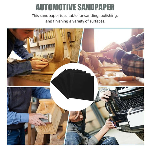 Top Tier 9 Sheets Wet Dry Sanding Paper Assortment featuring 9 Grits, showing use on cars and wood projects, ideal for finishing.
