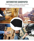 Awesome 9 Sheet Wet Dry Sandpaper Square Assortment Set With 60 To 320 Grit Levels, shown in use on wood and automotive surfaces.
