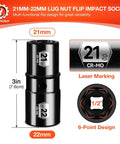 Dual End Flip 21mm 22mm Impact Lug Nut Socket Set For One Half Inch Drive Thin Wall Chromium Molybdenum Steel 6 Point