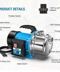 2HP Portable Shallow Well Pump For Home Use 1800 GPH Water Transfer Pump 110V Stainless Steel Garden Booster features diagram