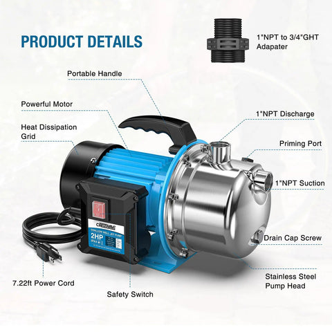 2HP Portable Shallow Well Pump For Home Use 1800 GPH Water Transfer Pump 110V Stainless Steel Garden Booster features diagram