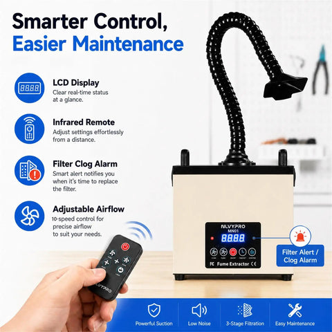Solder Fume Extractor For PCB Soldering And Electronics Repair 105W Brushless Motor Delivers 155 CFM LED Remote Filter Alert