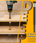 Heavy Duty 14 Piece Spade Drill Bit Set With Six Inch Quick Load Extension shows a drill bit in use on wood for clean holes.