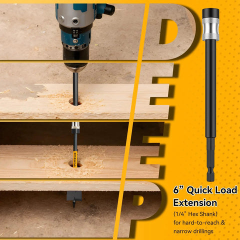 Heavy Duty 14 Piece Spade Drill Bit Set With Six Inch Quick Load Extension shows a drill bit in use on wood for clean holes.