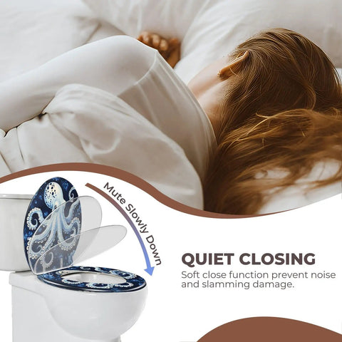 Octopus Round Toilet Seat for Bath with soft close feature, shown partially closed above a toilet, rich design and color.