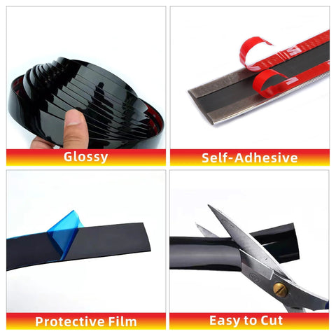 Automotive molding trim strip set (4 views): glossy black, 16 ft, self-adhesive, protective film, easy to cut