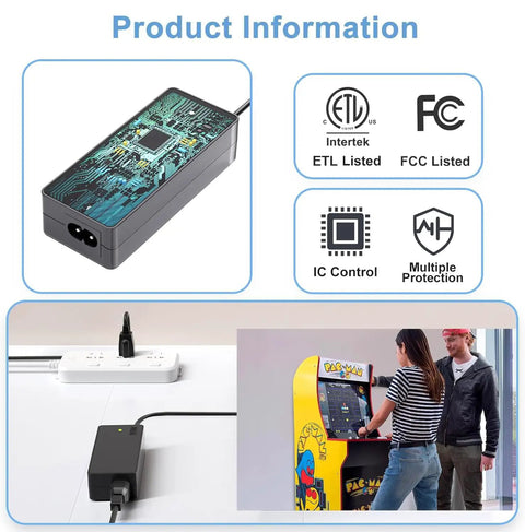 Replacement 12V Power Supply For Arcade Game Machines And All Riser Cocktail Tables Including CounterCade Pac Man Series BI36 120300 U2 Compatible Plug And Play Adapter For Arcade1Up Units on display with plug and play connection, circuit design, and people playing arcade machine.