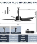 Outdoor Ceiling Fan With Lights 42 Inch Wet Rated IP65 Plug In Gazebo Patio Fan With Remote App Control Quiet DC Motor