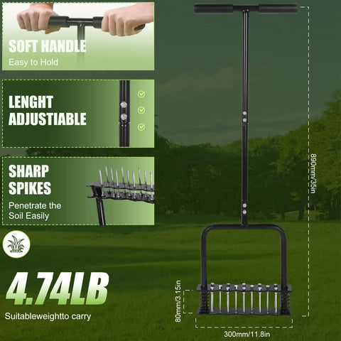 Manual Lawn Aerator Tool With Dual Spring Spikes Stainless Steel Lawn Aerator for soil loosening with T handle and sharp spikes