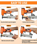 Easy to use Ultra Lightweight Pneumatic Pin Nailer For Custom Woodworking steps showing magazine loading and air compressor connection.