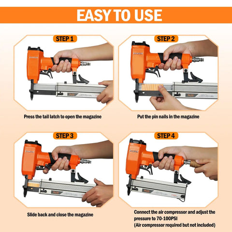 Easy to use Ultra Lightweight Pneumatic Pin Nailer For Custom Woodworking steps showing magazine loading and air compressor connection.