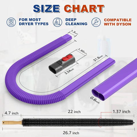 Size chart for Must-Have Dryer Vent Cleaning Kit With Brush And Hose Lint Vacuum Attachments For Dyson Gen5 V15 V15s V12 V11 V10 V9 V8 V7