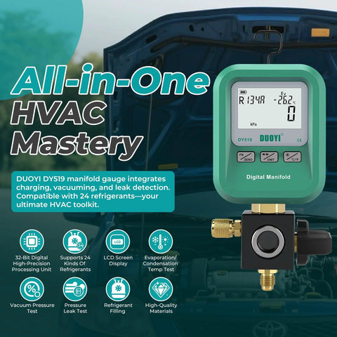Front view of green DUOYI DY519 digital HVAC manifold gauge with LCD display and brass valve