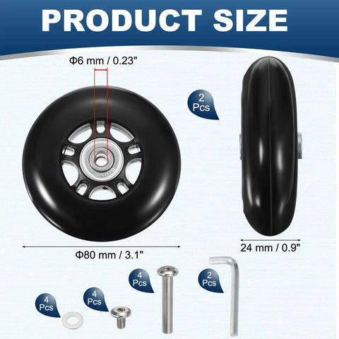 Luggage Wheel Replacement Kit 80mm By 24mm Rubber Swivel Casters Two Pack with tools overview